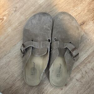 Suede Buckle Mules in Taupe